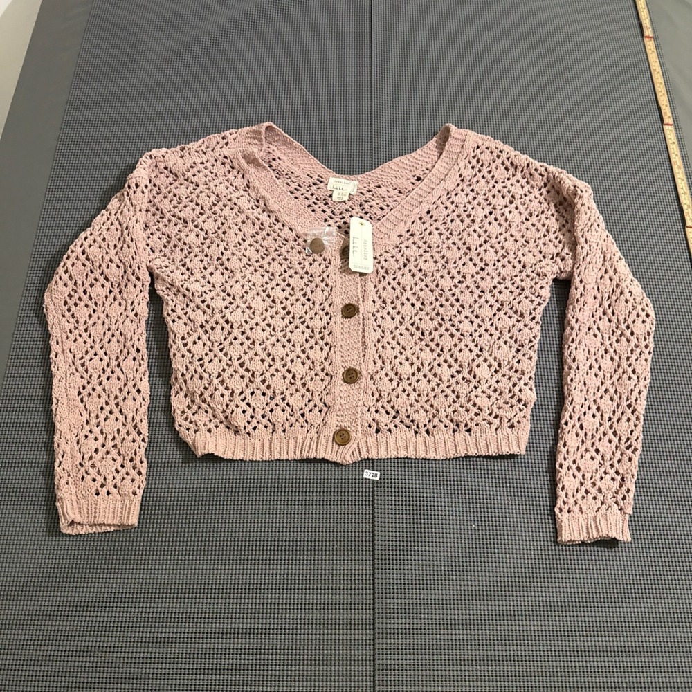 Nicole Miller Artelier Pink Open Knit Cropped Button Front Cardigan XL NWT
